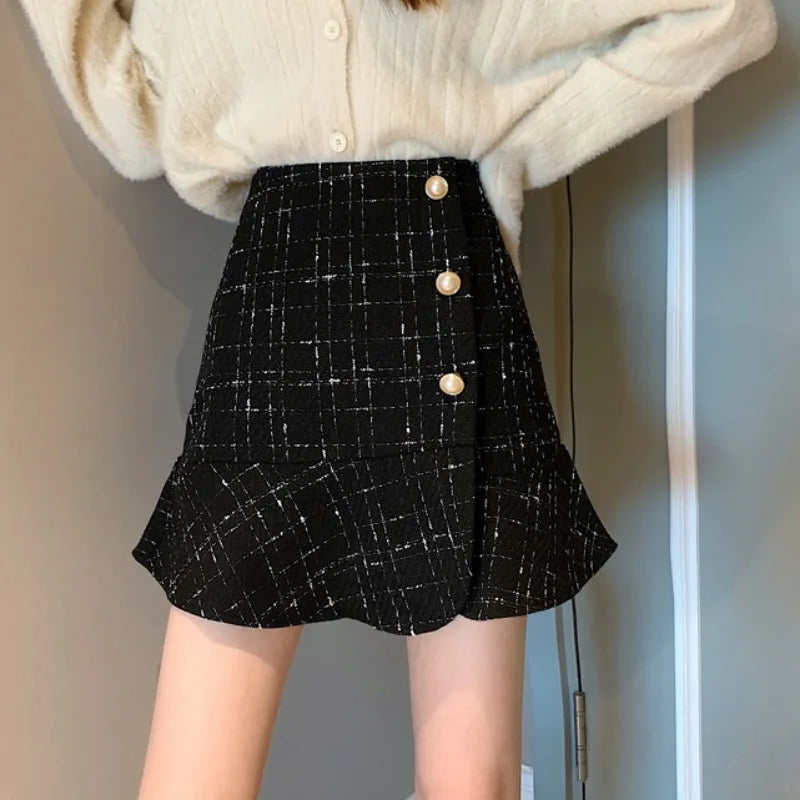 Designer Fishtail Skirt Harajuku Vintage Kawaii Ruffle Button Office Spring Fall Black Plaid High Waist Bodycon Mini Skirts