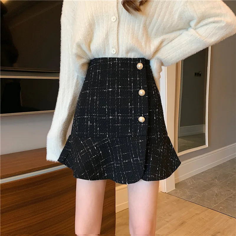 Designer Fishtail Skirt Harajuku Vintage Kawaii Ruffle Button Office Spring Fall Black Plaid High Waist Bodycon Mini Skirts
