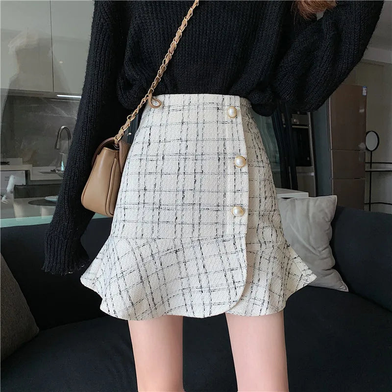 Designer Fishtail Skirt Harajuku Vintage Kawaii Ruffle Button Office Spring Fall Black Plaid High Waist Bodycon Mini Skirts