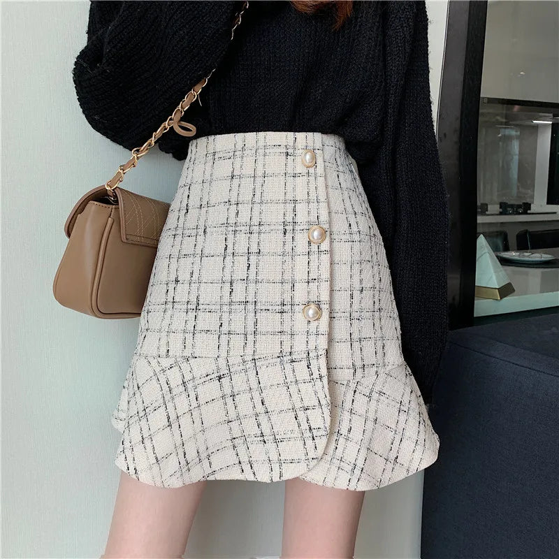 Designer Fishtail Skirt Harajuku Vintage Kawaii Ruffle Button Office Spring Fall Black Plaid High Waist Bodycon Mini Skirts