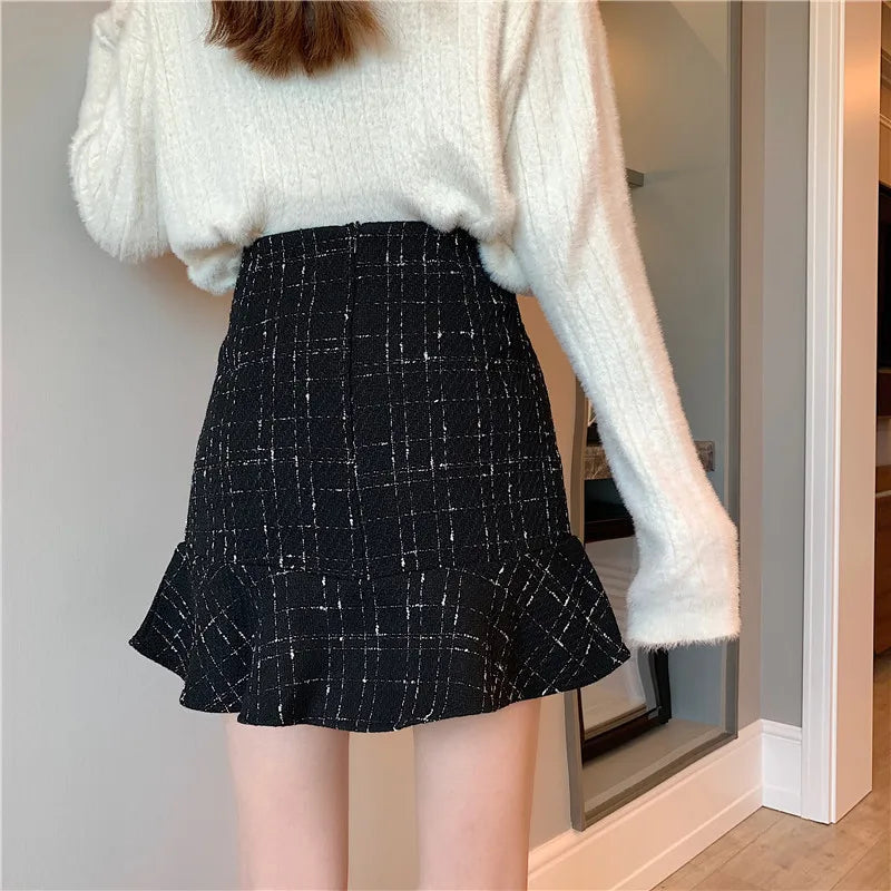 Designer Fishtail Skirt Harajuku Vintage Kawaii Ruffle Button Office Spring Fall Black Plaid High Waist Bodycon Mini Skirts