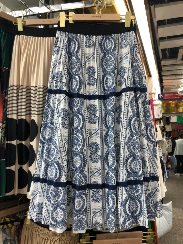 Autumn Dye Tie Gradient Thick Long Pleated Skirt A-line Vintage Pleated Long Skirts