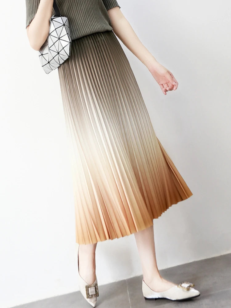 Autumn Dye Tie Gradient Thick Long Pleated Skirt A-line Vintage Pleated Long Skirts
